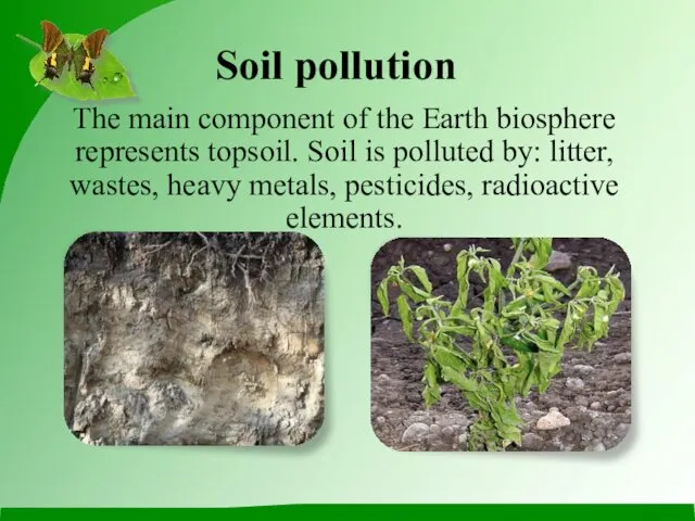 Soil pollution The main component of the Earth biosphere represents