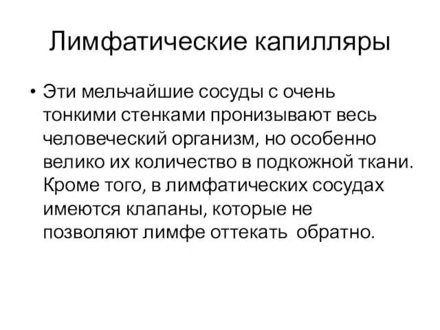 Лимфатические капилляры Эти мельчайшие сосуды с очень тонкими стенками пронизывают