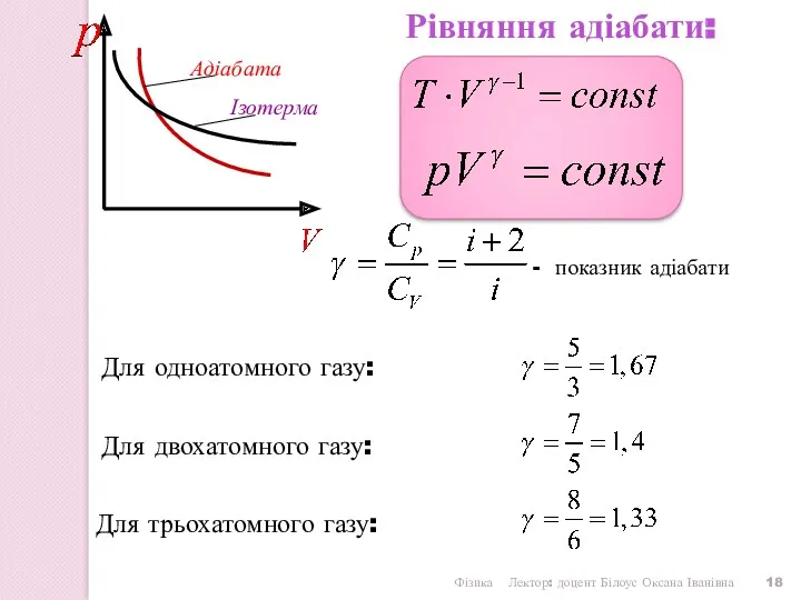 Фізика Лектор: доцент Білоус Оксана Іванівна Рівняння адіабати: