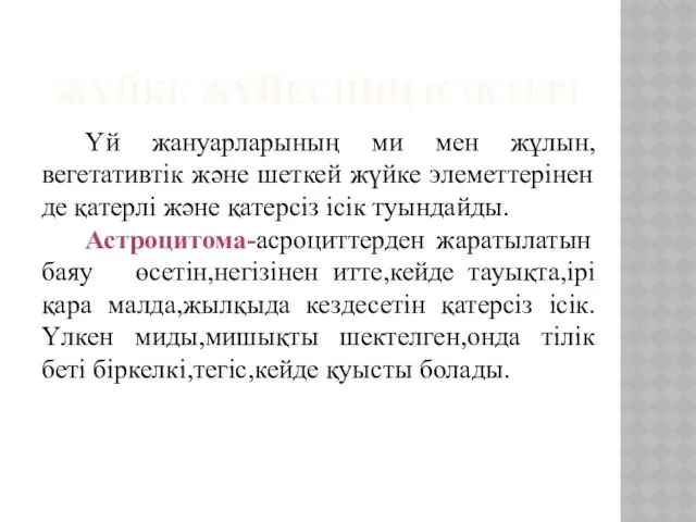 ЖҮЙКЕ ЖҮЙЕСІНІҢ ІСІКТЕРІ Үй жануарларының ми мен жұлын,вегетативтік және шеткей