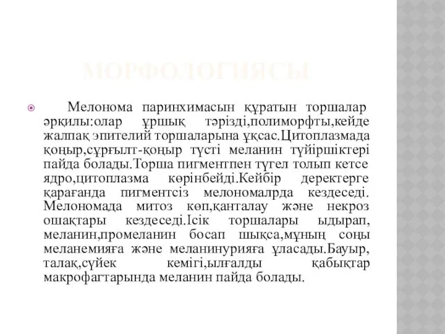 МОРФОЛОГИЯСЫ Мелонома паринхимасын құратын торшалар әрқилы:олар ұршық тәрізді,полиморфты,кейде жалпақ эпителий