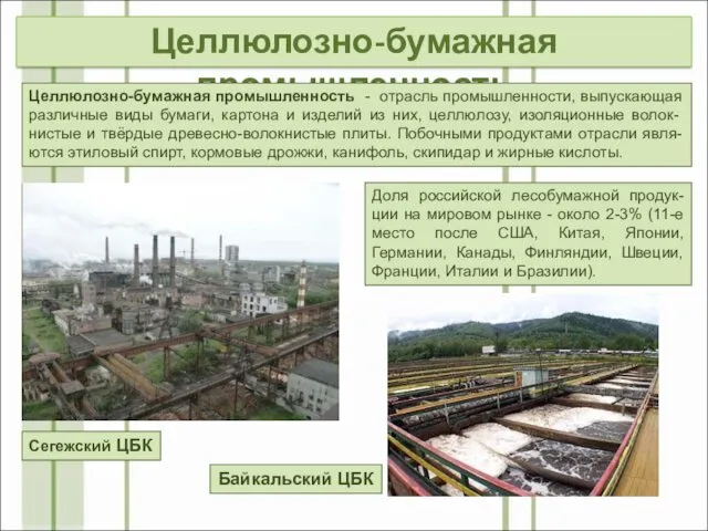 Целлюлозно-бумажная промышленность Доля российской лесобумажной продук-ции на мировом рынке -