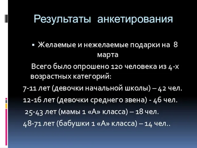 Результаты анкетирования Желаемые и нежелаемые подарки на 8 марта Всего было опрошено 120