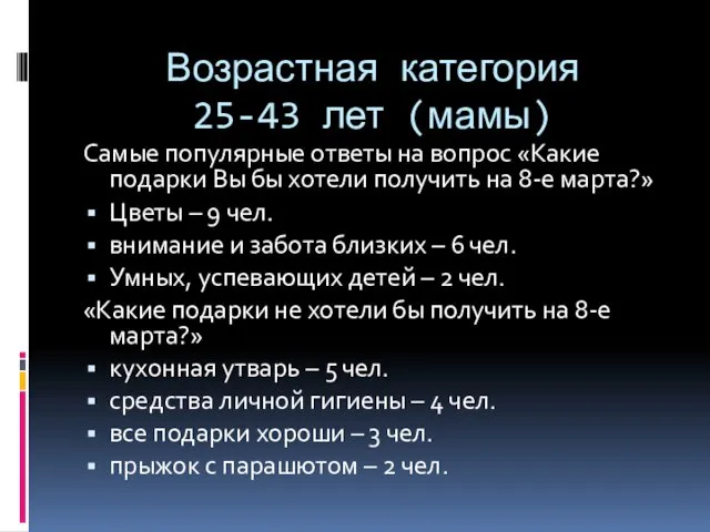 Возрастная категория 25-43 лет (мамы) Самые популярные ответы на вопрос