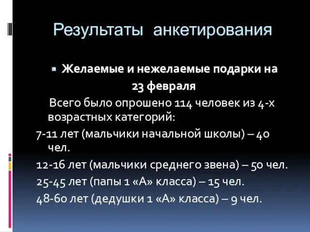 Результаты анкетирования Желаемые и нежелаемые подарки на 23 февраля Всего было опрошено 114