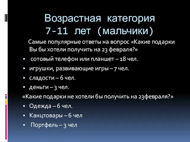 Возрастная категория 7-11 лет (мальчики) Самые популярные ответы на вопрос