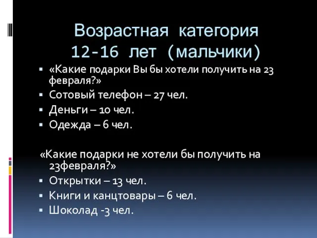 Возрастная категория 12-16 лет (мальчики) «Какие подарки Вы бы хотели получить на 23