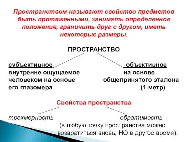 Пространством называют свойство предметов быть протяженными, занимать определенное положение, граничить