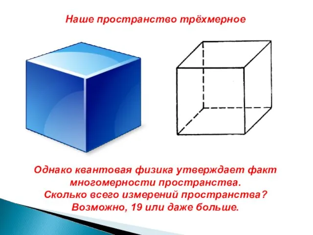 Наше пространство трёхмерное Однако квантовая физика утверждает факт многомерности пространства.