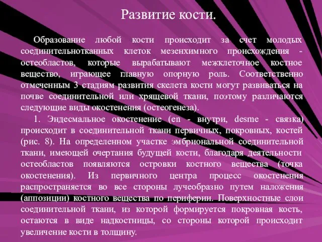 Развитие кости. Образование любой кости происходит за счет молодых соединительнотканных