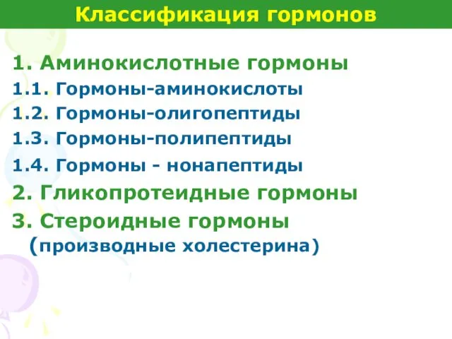 1. Аминокислотные гормоны 1.1. Гормоны-аминокислоты 1.2. Гормоны-олигопептиды 1.3. Гормоны-полипептиды 1.4.