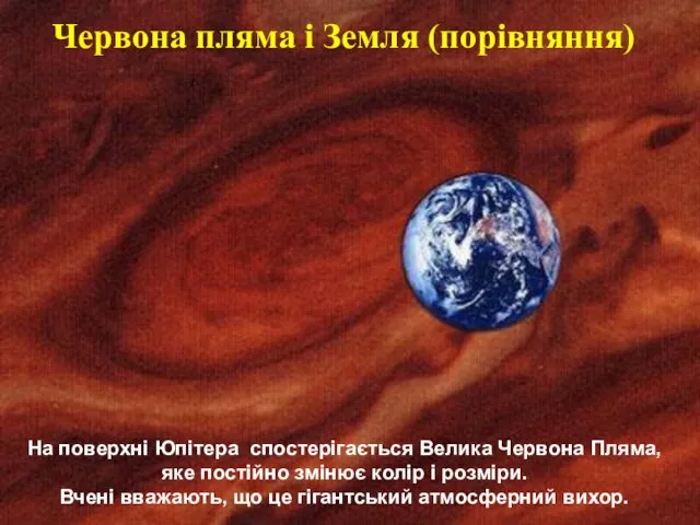 Червона пляма і Земля (порівняння) На поверхні Юпітера спостерігається Велика