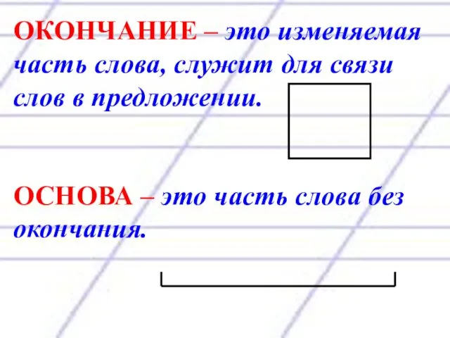 ОКОНЧАНИЕ – это изменяемая часть слова, служит для связи слов в предложении. ОСНОВА