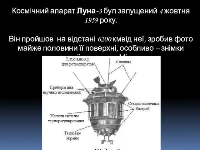 Космічний апарат Луна-3 бул запущений 4 жовтня 1959 року. Він пройшов на відстані