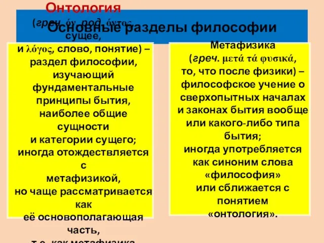 Основные разделы философии Онтология (греч. όν, род. όντος, сущее, и