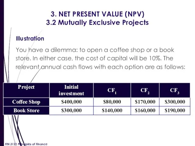 3. NET PRESENT VALUE (NPV) 3.2 Mutually Exclusive Projects Illustration You have a