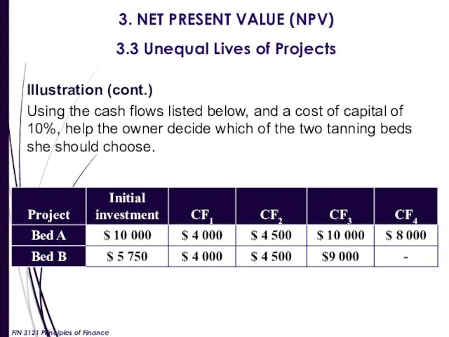 3. NET PRESENT VALUE (NPV) 3.3 Unequal Lives of Projects Illustration (cont.) Using