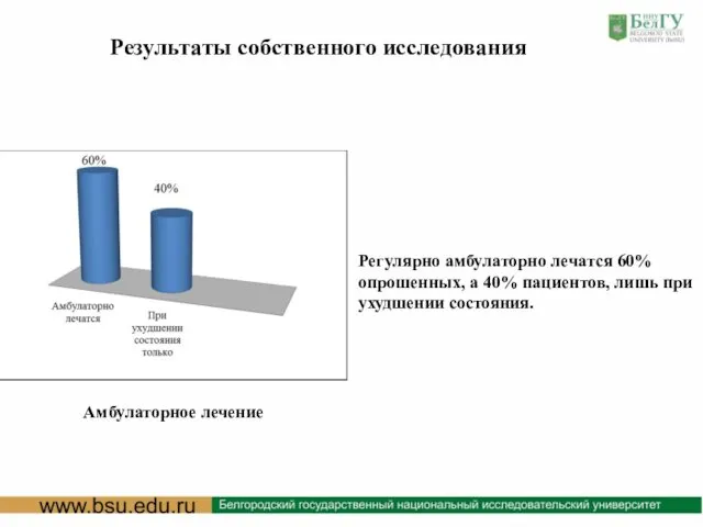 Результаты собственного исследования Амбулаторное лечение Регулярно амбулаторно лечатся 60% опрошенных,