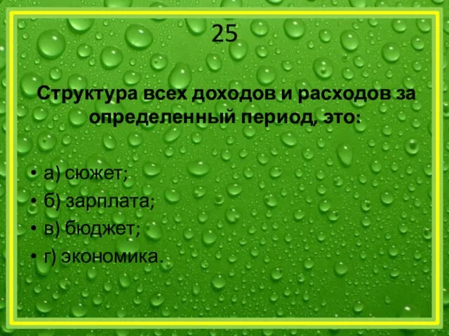 25 Структура всех доходов и расходов за определенный период, это: