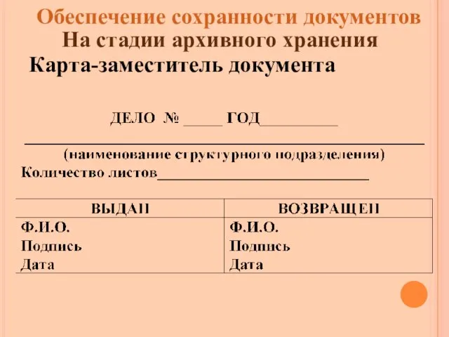 Обеспечение сохранности документов Карта-заместитель документа На стадии архивного хранения