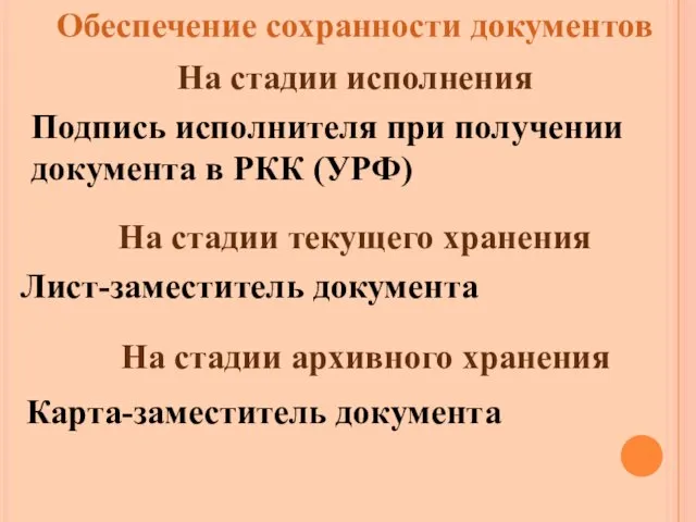 Подпись исполнителя при получении документа в РКК (УРФ) Обеспечение сохранности