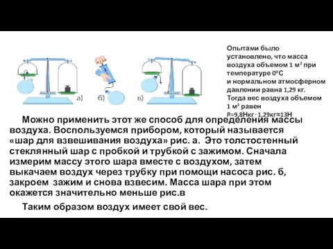 Можно применить этот же способ для определения массы воздуха. Воспользуемся