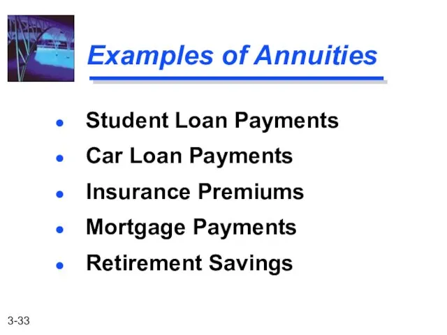 Examples of Annuities Student Loan Payments Car Loan Payments Insurance Premiums Mortgage Payments Retirement Savings
