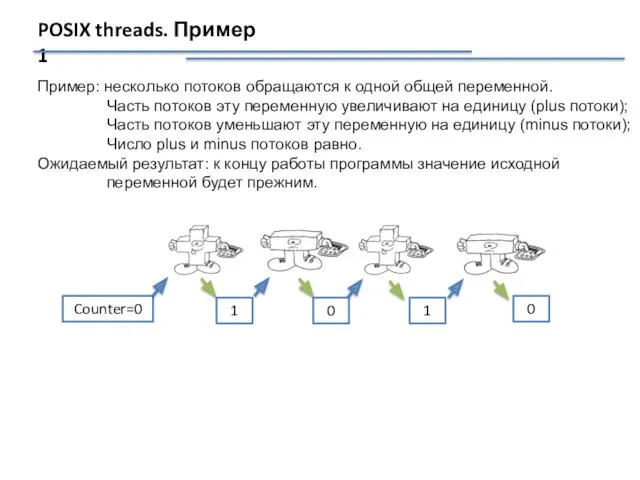 POSIX threads. Пример 1 Пример: несколько потоков обращаются к одной