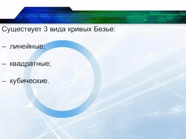 Существует 3 вида кривых Безье: – линейные; – квадратные; – кубические.