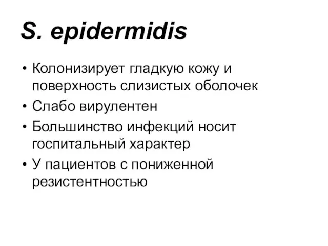 S. epidermidis Колонизирует гладкую кожу и поверхность слизистых оболочек Слабо вирулентен Большинство инфекций