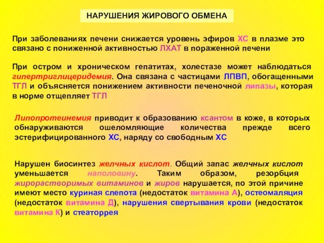 НАРУШЕНИЯ ЖИРОВОГО ОБМЕНА При заболеваниях печени снижается уровень эфиров ХС