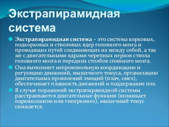 Экстрапирамидная система Экстрапирамидная система – это система корковых, подкорковых и