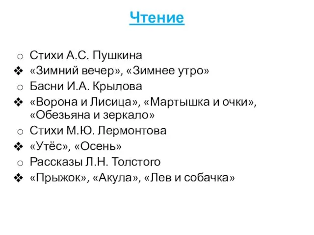 Чтение Стихи А.С. Пушкина «Зимний вечер», «Зимнее утро» Басни И.А.