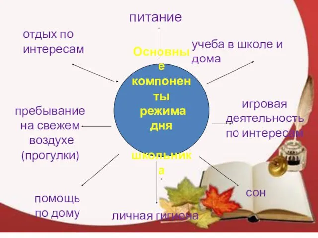 Основные компоненты режима дня школьника сон пребывание на свежем воздухе