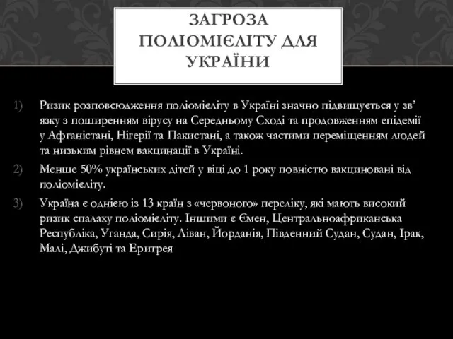 Ризик розповсюдження поліомієліту в Україні значно підвищується у зв’язку з поширенням вірусу на