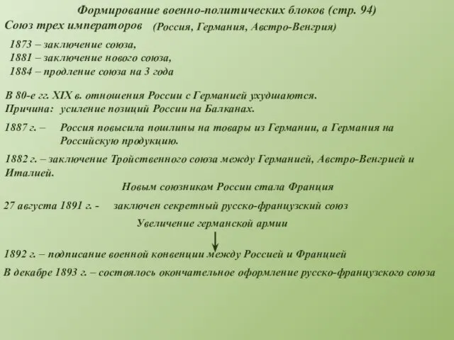 Формирование военно-политических блоков (стр. 94) Союз трех императоров (Россия, Германия,