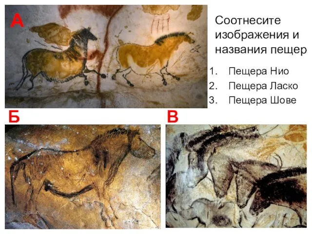 Соотнесите изображения и названия пещер Пещера Нио Пещера Ласко Пещера Шове А Б В