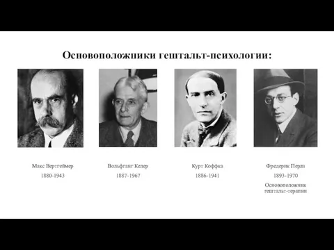 Основоположники гештальт-психологии: Вольфганг Келер 1887-1967 Макс Вертгеймер 1880-1943 Курт Коффка 1886-1941 Фредерик Перлз 1893-1970 Основоположник гештальт-терапии