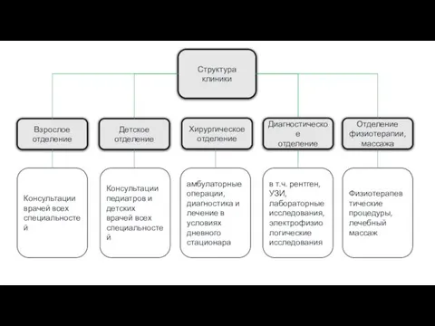 Структура клиники Взрослое отделение Детское отделение Хирургическое отделение Диагностическое отделение