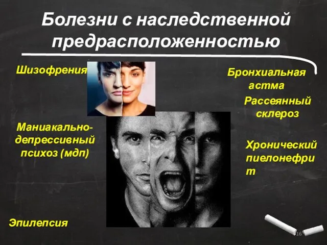 Болезни с наследственной предрасположенностью Хронический пиелонефрит Рассеянный склероз Шизофрения Бронхиальная астма Эпилепсия Маниакально-депрессивный психоз (мдп)