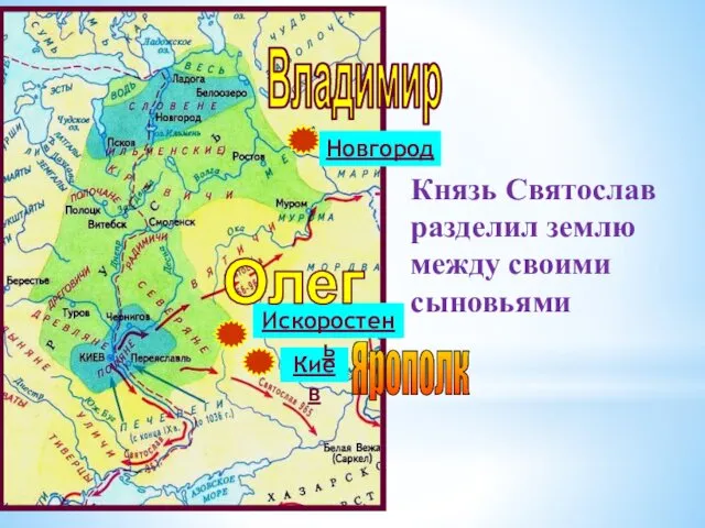 Киев Искоростень Новгород Ярополк Владимир Олег Князь Святослав разделил землю между своими сыновьями