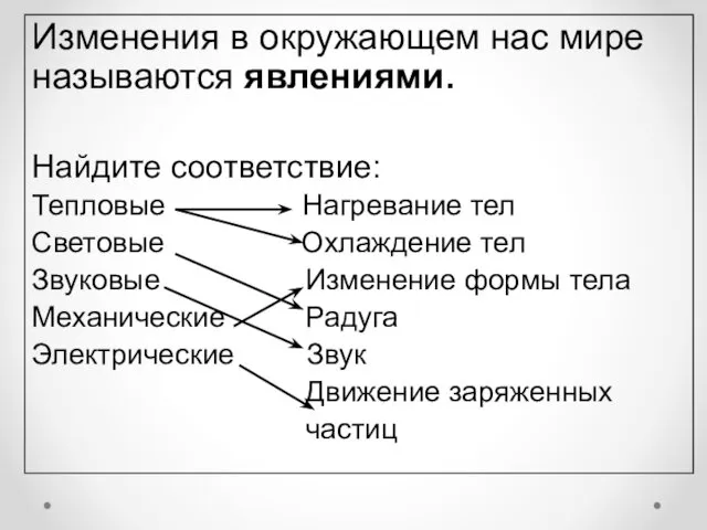 Изменения в окружающем нас мире называются явлениями. Найдите соответствие: Тепловые