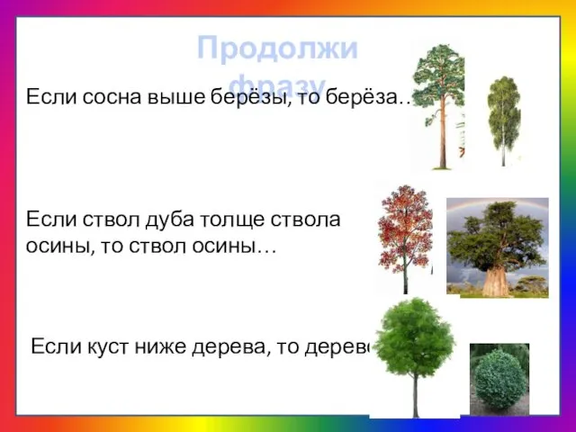 Продолжи фразу Если сосна выше берёзы, то берёза… Если ствол дуба толще ствола