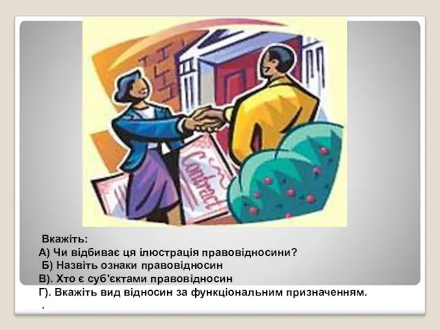 Вкажіть: А) Чи відбиває ця ілюстрація правовідносини? Б) Назвіть ознаки