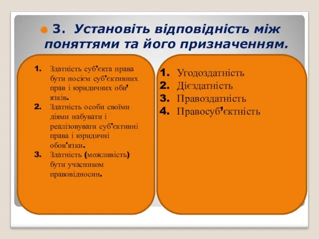 3. Установіть відповідність між поняттями та його призначенням. Здатність суб'єкта