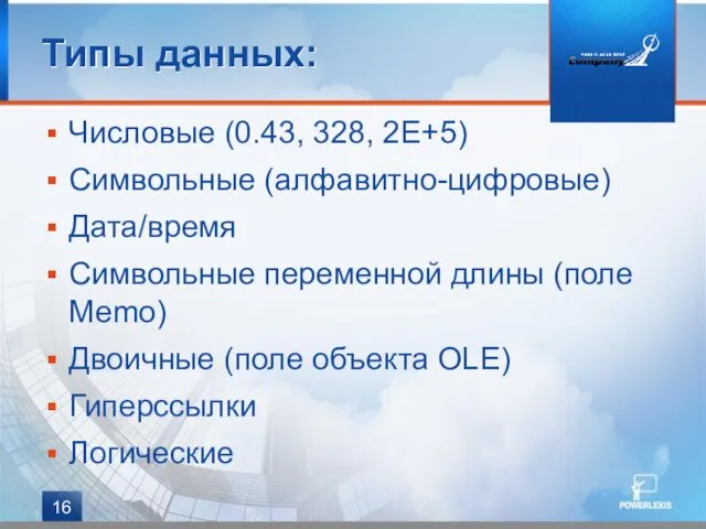 Числовые (0.43, 328, 2Е+5) Символьные (алфавитно-цифровые) Дата/время Символьные переменной длины