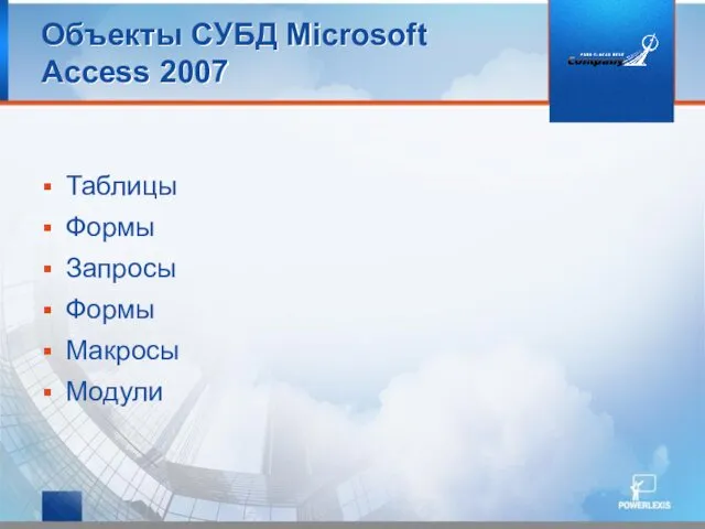 Объекты СУБД Microsoft Access 2007 Таблицы Формы Запросы Формы Макросы Модули