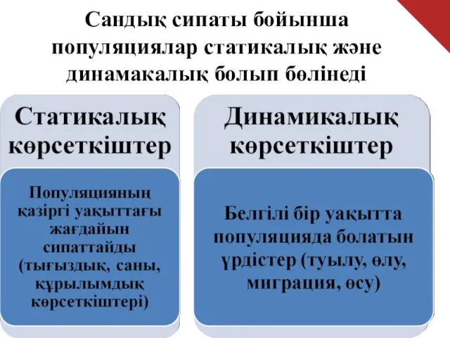 Сандық сипаты бойынша популяциялар статикалық және динамакалық болып бөлінеді