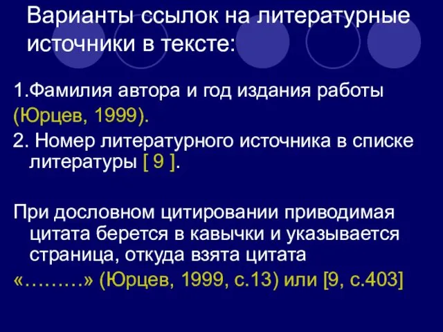 Варианты ссылок на литературные источники в тексте: 1.Фамилия автора и