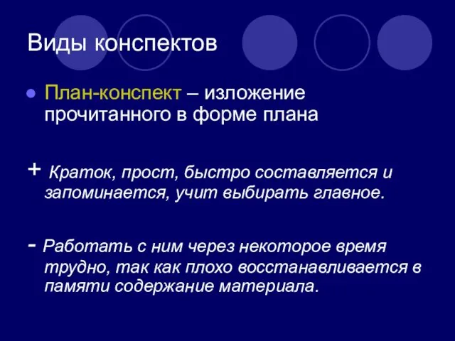 Виды конспектов План-конспект – изложение прочитанного в форме плана +